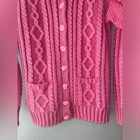 Vtg Pink Aran Crafts Merino Wool Cable Knit Sweater Cardigan Women's XS NWOT - Picture 6 of 9